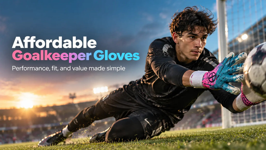 Affordable goalkeeper gloves banner showing goalkeeper making a save in colorful gloves