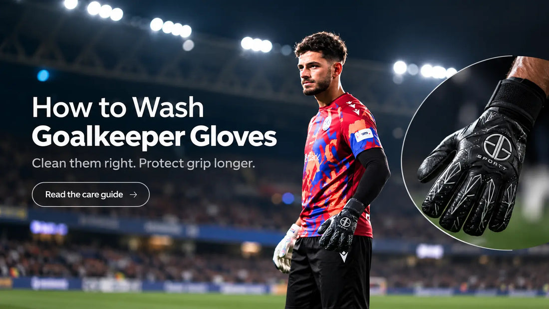 1. Goalkeeper wearing gloves on a football field with close-up goalkeeper glove detail
