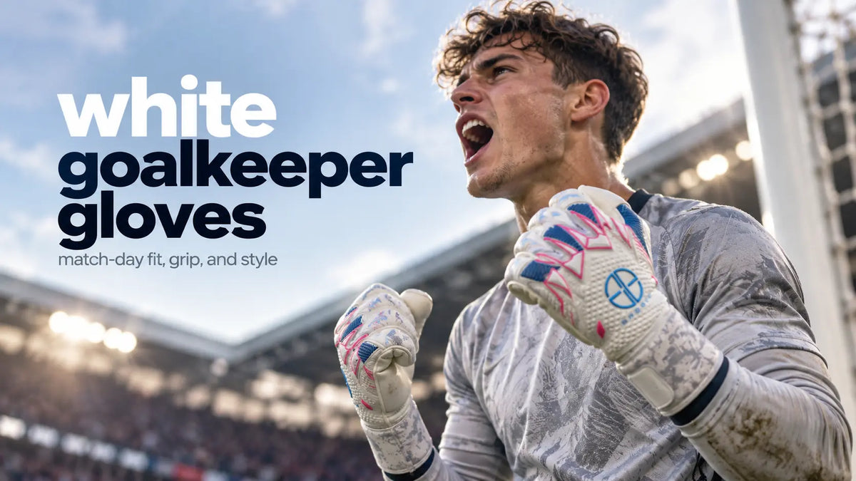 Goalkeeper celebrating a save in GGSportsPro white goalkeeper gloves with pink and blue detailing