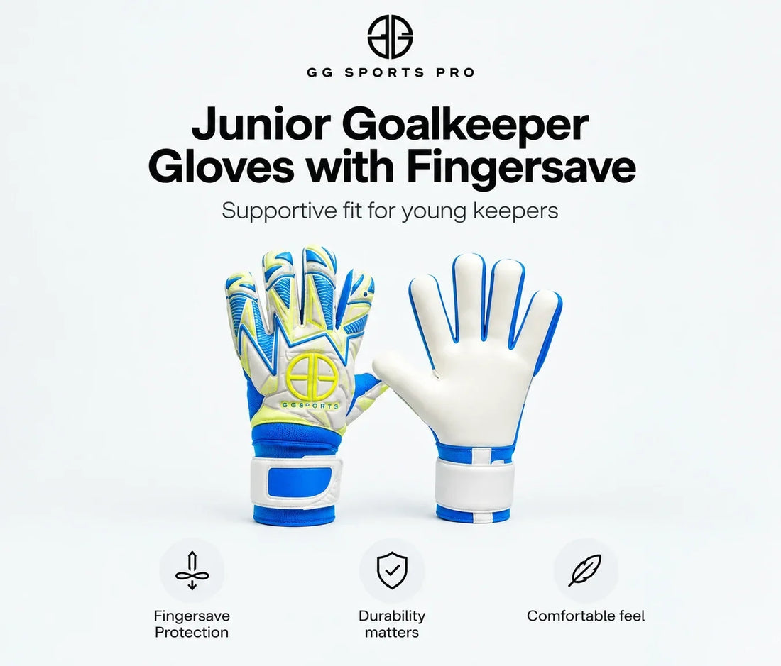 Junior goalkeeper gloves with Fingersave protection showing front and back design