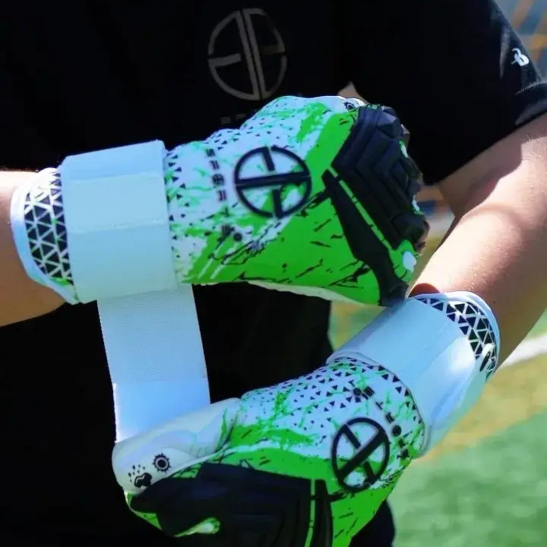 GG GoalKeeper white & green gloves 3D rubber punch zone airprene breathable gusset for kids boys children